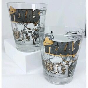 2~Vintage Texas Souvenir Highball Glasses Alamo Longhorn Cattle Flag 3.5"x4.5"